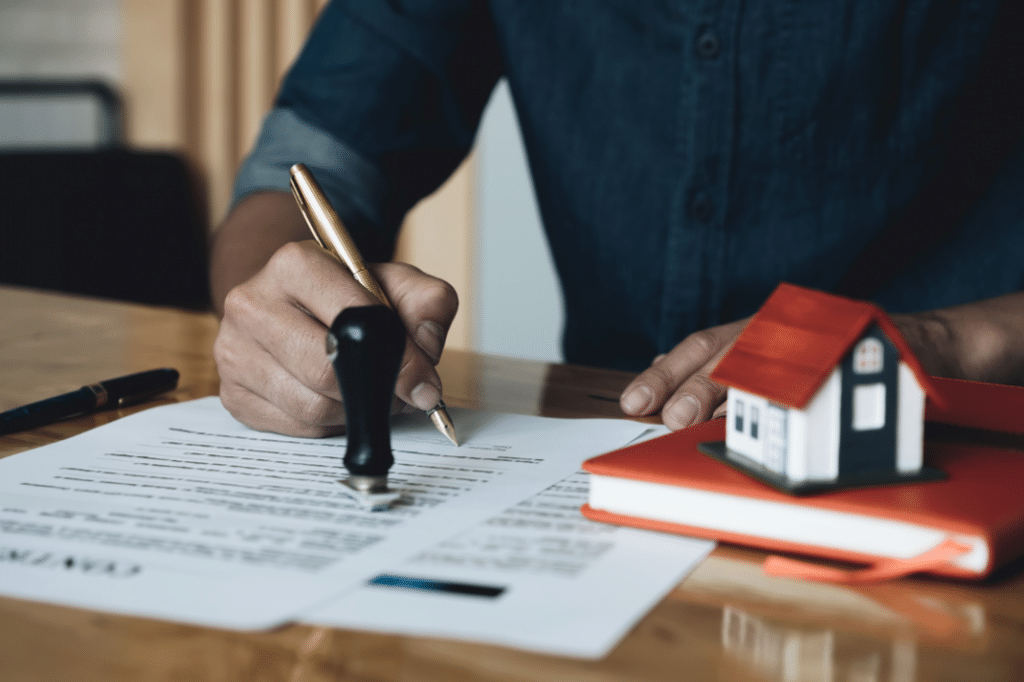 Signing a contract with a home mortgage company in Bloomington, Illinois